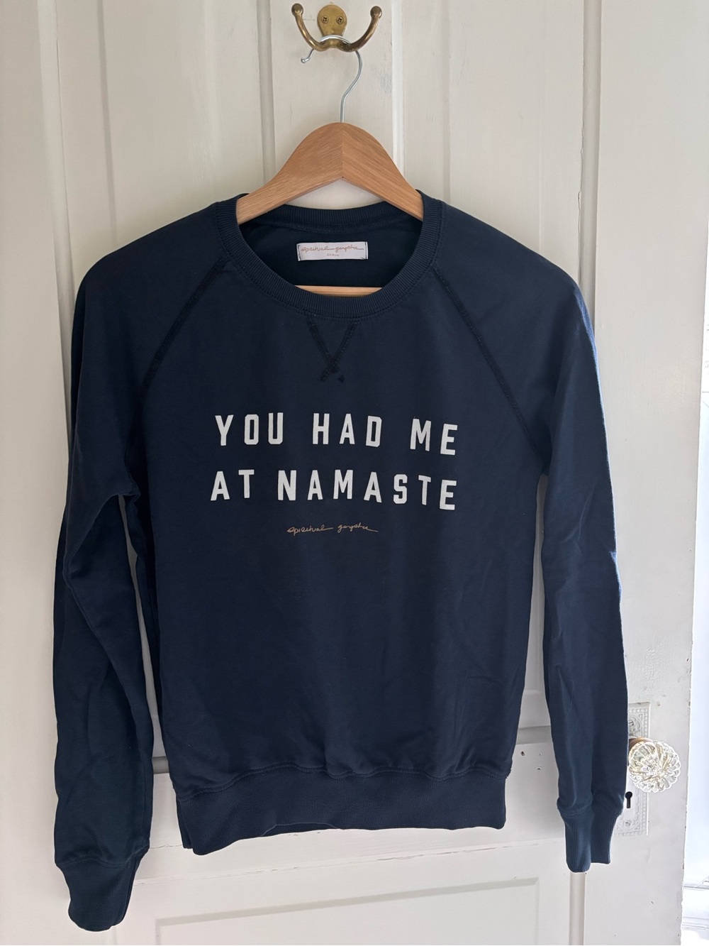 SPIRITUAL GANGSTER You Had Me At Namaste Navy Crewneck Sweatshirt (small)